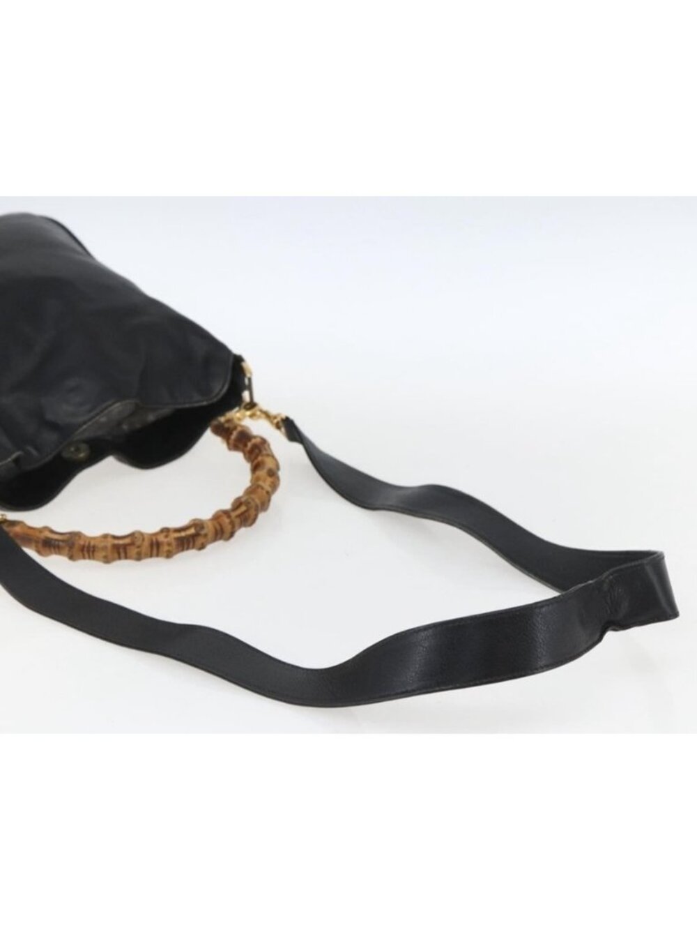 Authentic GUCCI Bamboo Shoulder Bag Leather 2way Black Gold 001 2113 1638 - Picture 6 of 16
